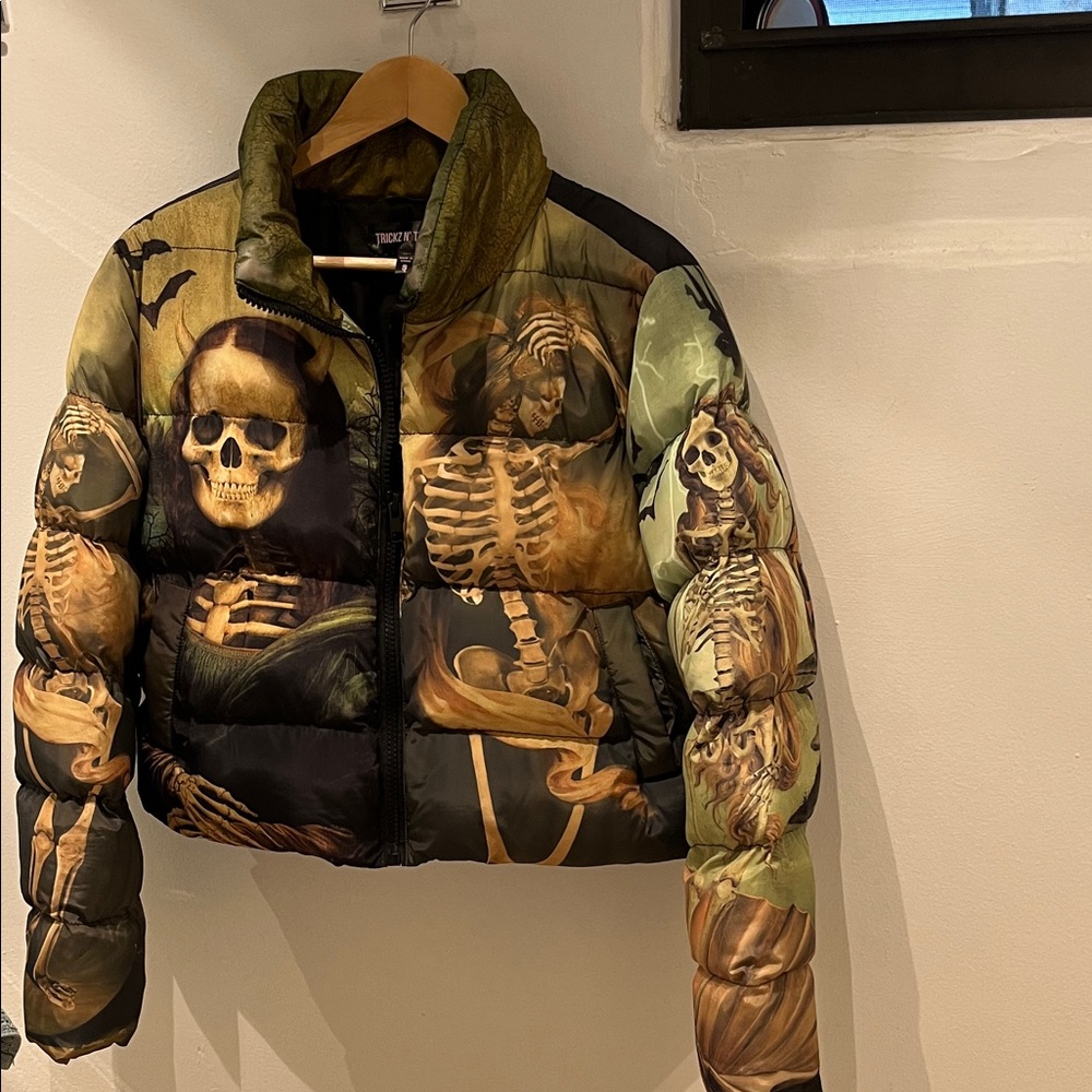 Dolls Kill Skeleton Print Puffer Jacket - Black and Green